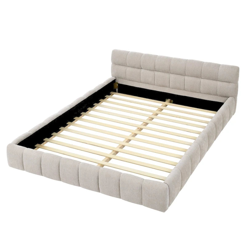 Lit plateforme en chenille, capitonné, profil bas, sans sommier, gris foncé/beige