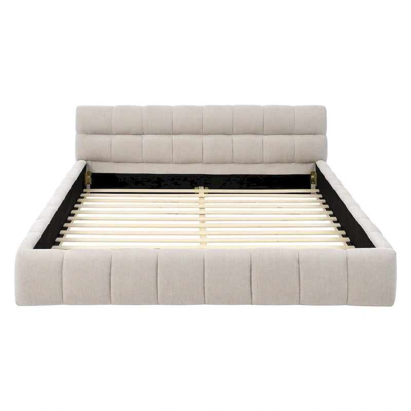 Lit plateforme en chenille, capitonné, profil bas, sans sommier, gris foncé/beige