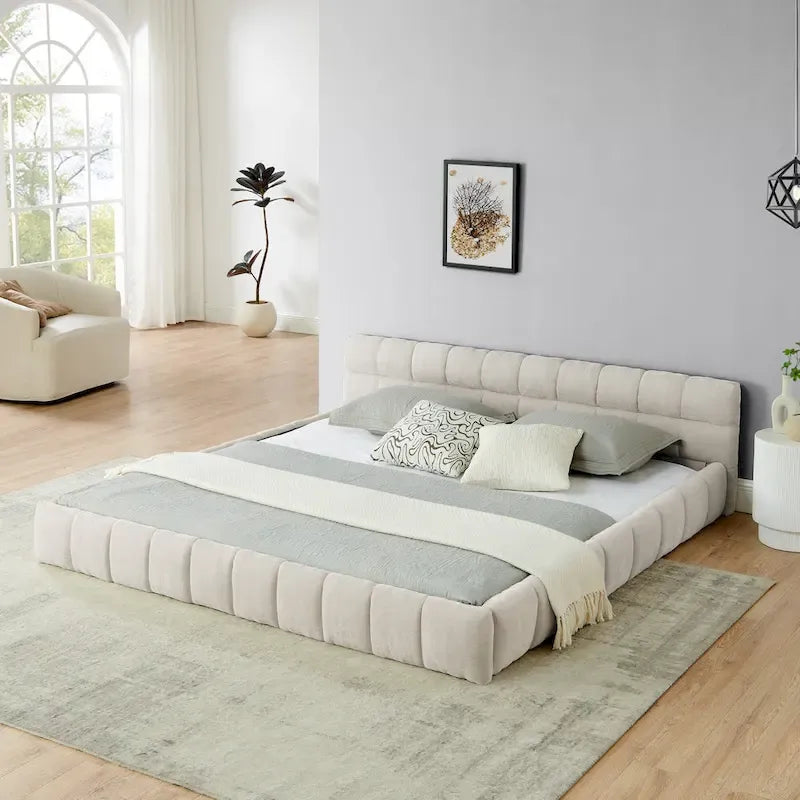 Lit plateforme en chenille, capitonné, profil bas, sans sommier, gris foncé/beige