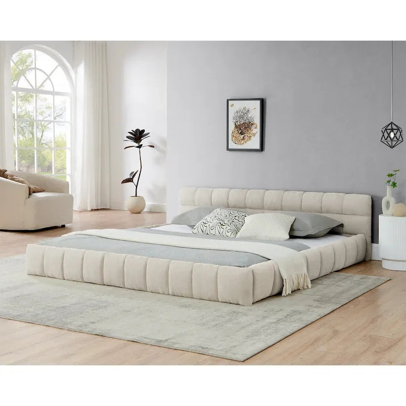 Lit plateforme en chenille, capitonné, profil bas, sans sommier, gris foncé/beige