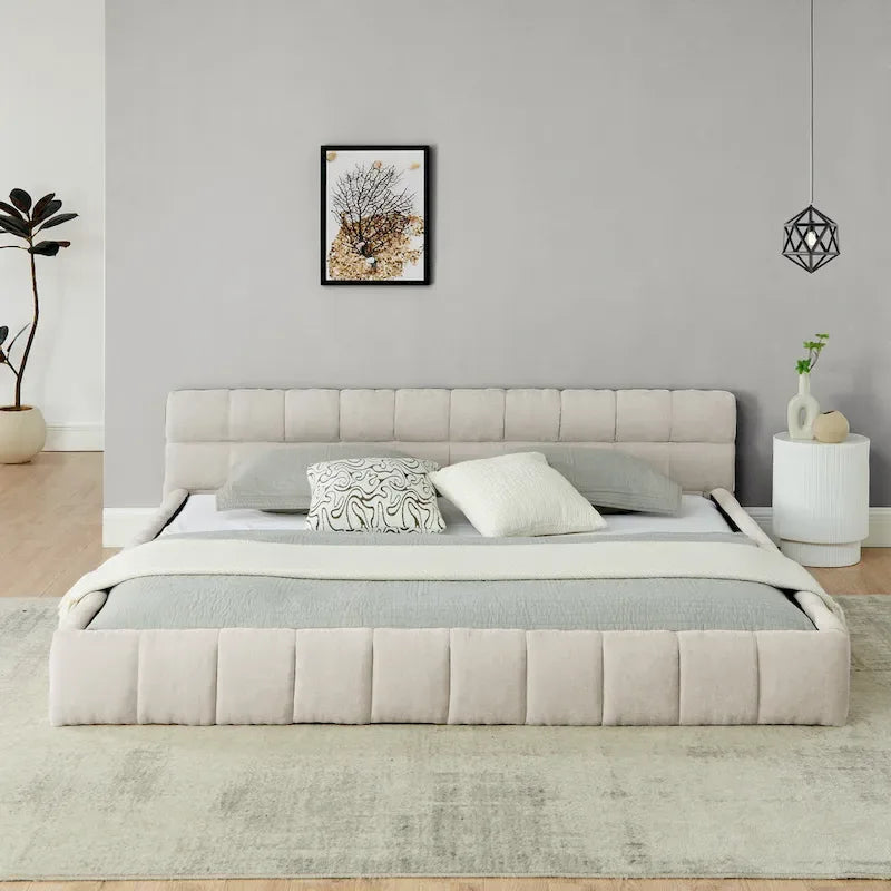 Lit plateforme en chenille, capitonné, profil bas, sans sommier, gris foncé/beige