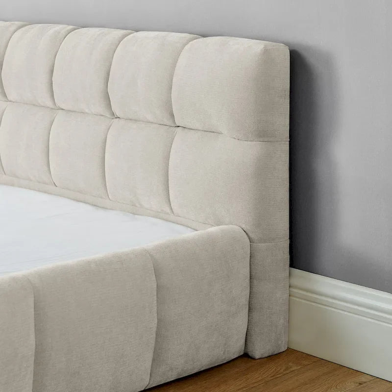 Lit plateforme en chenille, capitonné, profil bas, sans sommier, gris foncé/beige