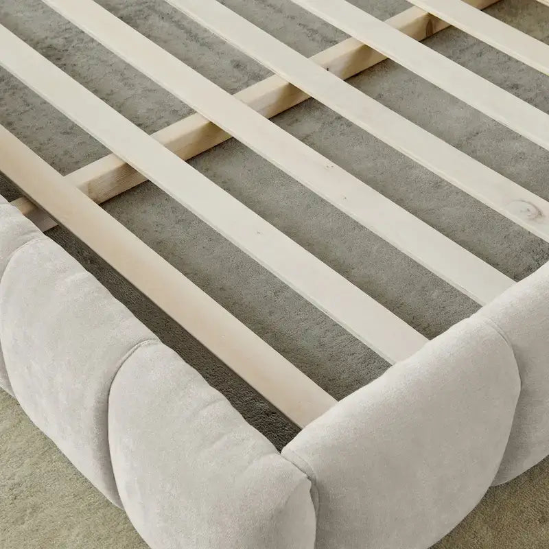 Lit plateforme en chenille, capitonné, profil bas, sans sommier, gris foncé/beige