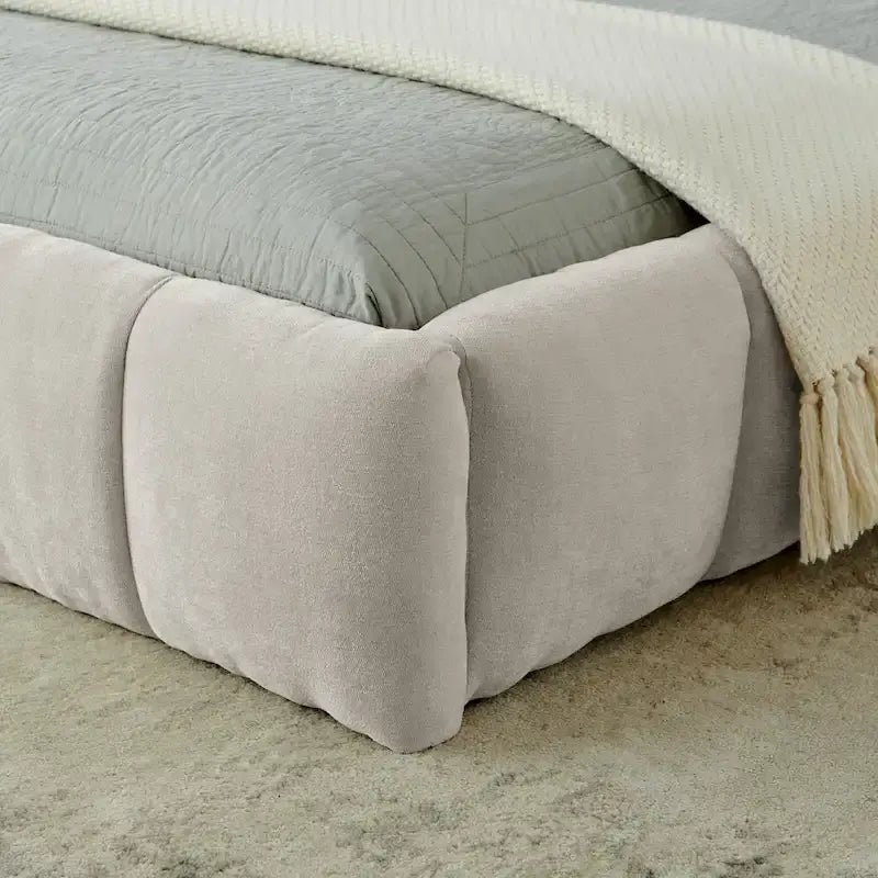 Lit plateforme en chenille, capitonné, profil bas, sans sommier, gris foncé/beige
