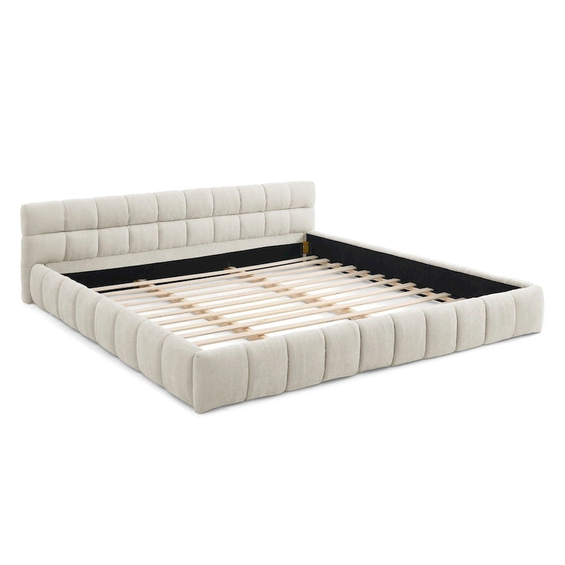 Lit plateforme en chenille, capitonné, profil bas, sans sommier, gris foncé/beige