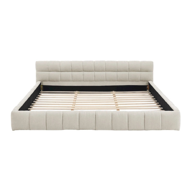 Lit plateforme en chenille, capitonné, profil bas, sans sommier, gris foncé/beige