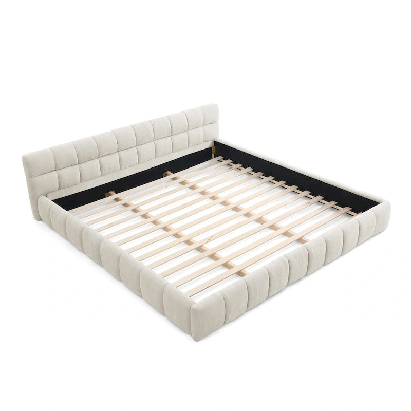 Lit plateforme en chenille, capitonné, profil bas, sans sommier, gris foncé/beige