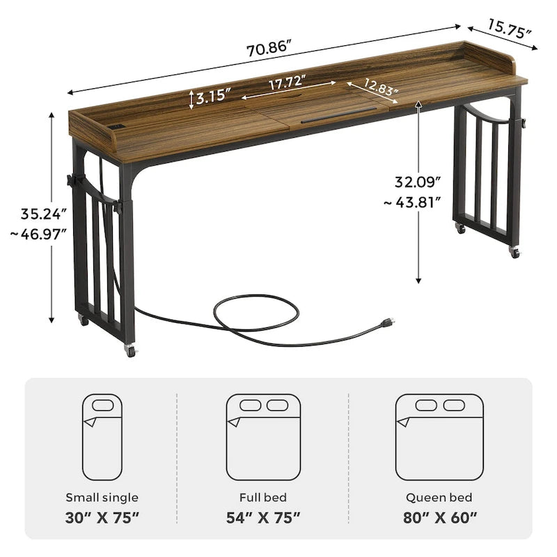 Table de lit avec roues, réglable en hauteur, prises secteur et ports USB, MDF marron