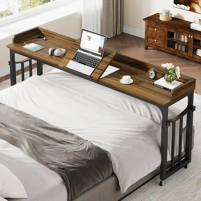 Table de lit avec roues, réglable en hauteur, prises secteur et ports USB, MDF marron