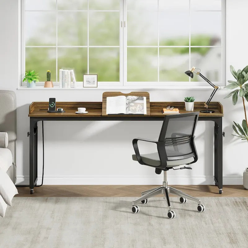 Table de lit avec roues, réglable en hauteur, prises secteur et ports USB, MDF marron