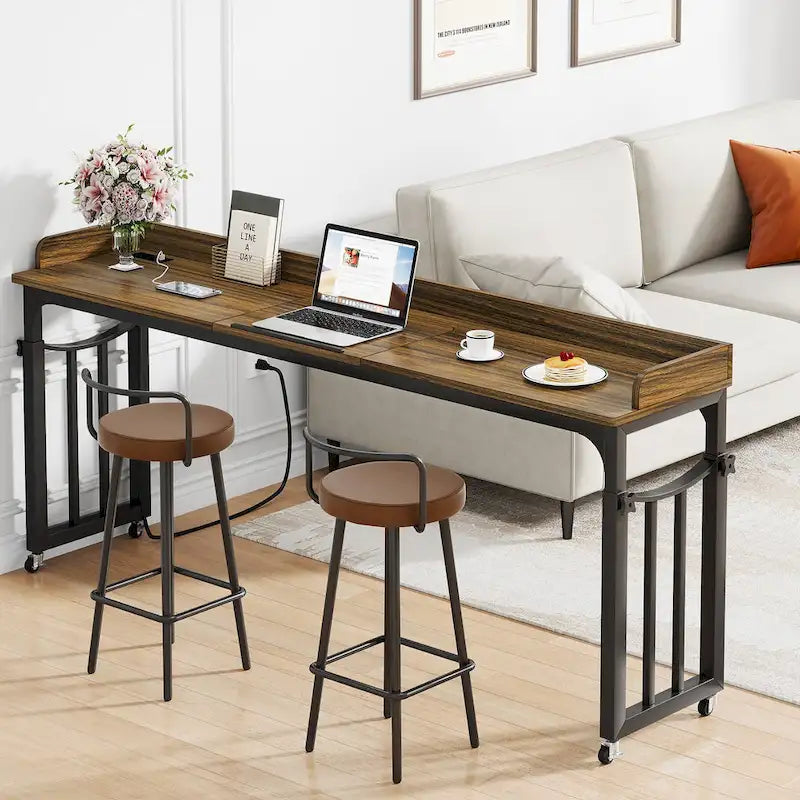 Table de lit avec roues, réglable en hauteur, prises secteur et ports USB, MDF marron