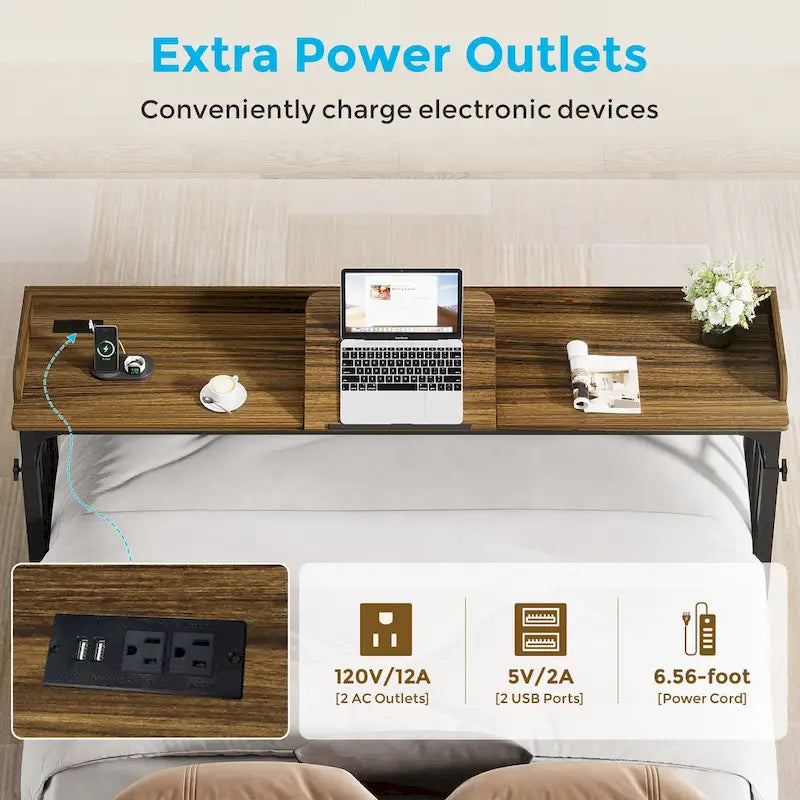 Table de lit avec roues, réglable en hauteur, prises secteur et ports USB, MDF marron