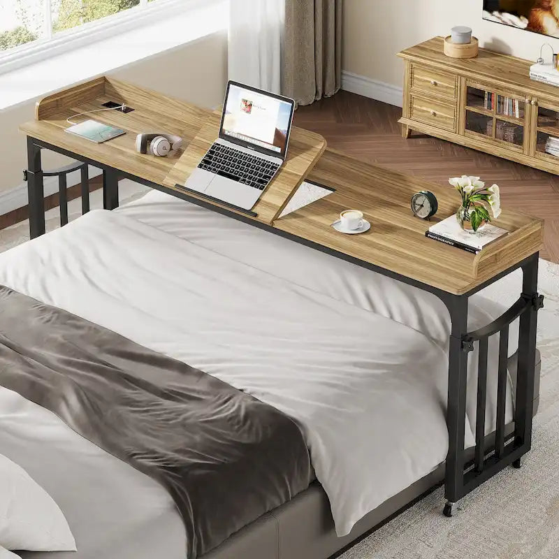 Table de lit avec roues, réglable en hauteur, prises secteur et ports USB, MDF marron