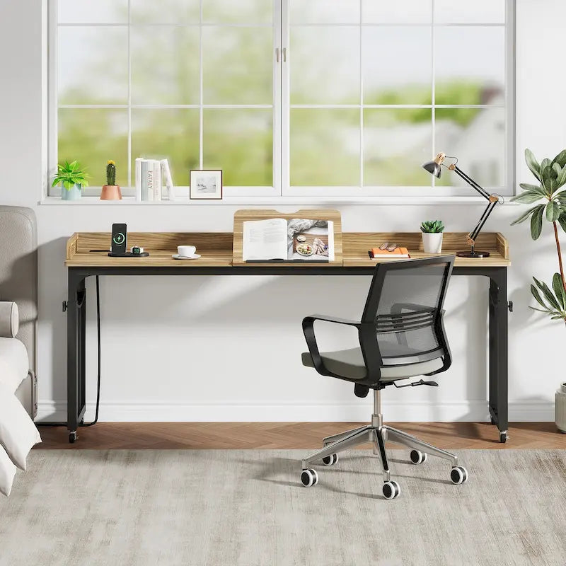 Table de lit avec roues, réglable en hauteur, prises secteur et ports USB, MDF marron