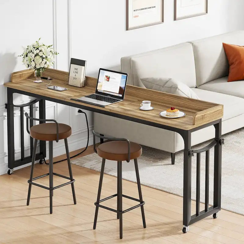 Table de lit avec roues, réglable en hauteur, prises secteur et ports USB, MDF marron