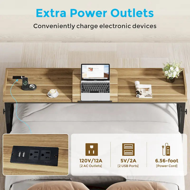 Table de lit avec roues, réglable en hauteur, prises secteur et ports USB, MDF marron