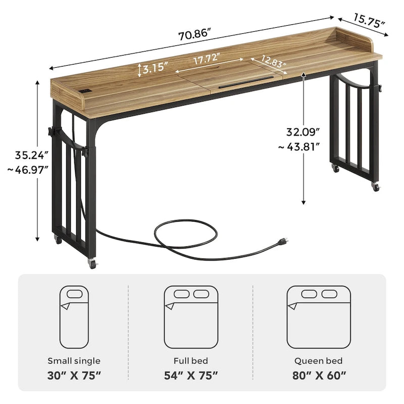 Table de lit avec roues, réglable en hauteur, prises secteur et ports USB, MDF marron