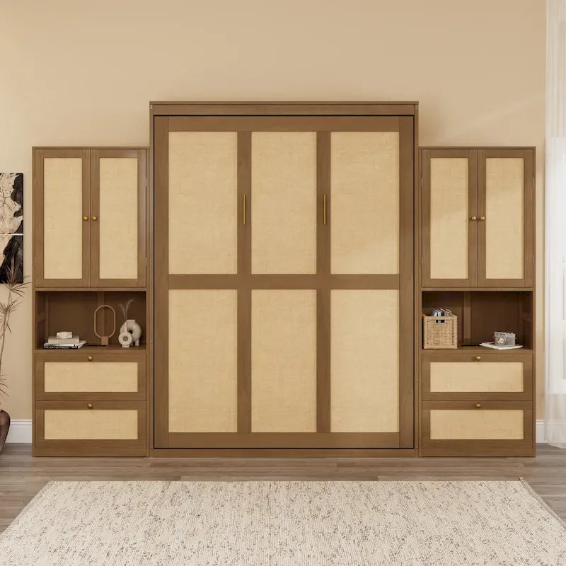 Lit escamotable grand format avec 2 armoires latérales, portes en rotin et tiroirs, noyer