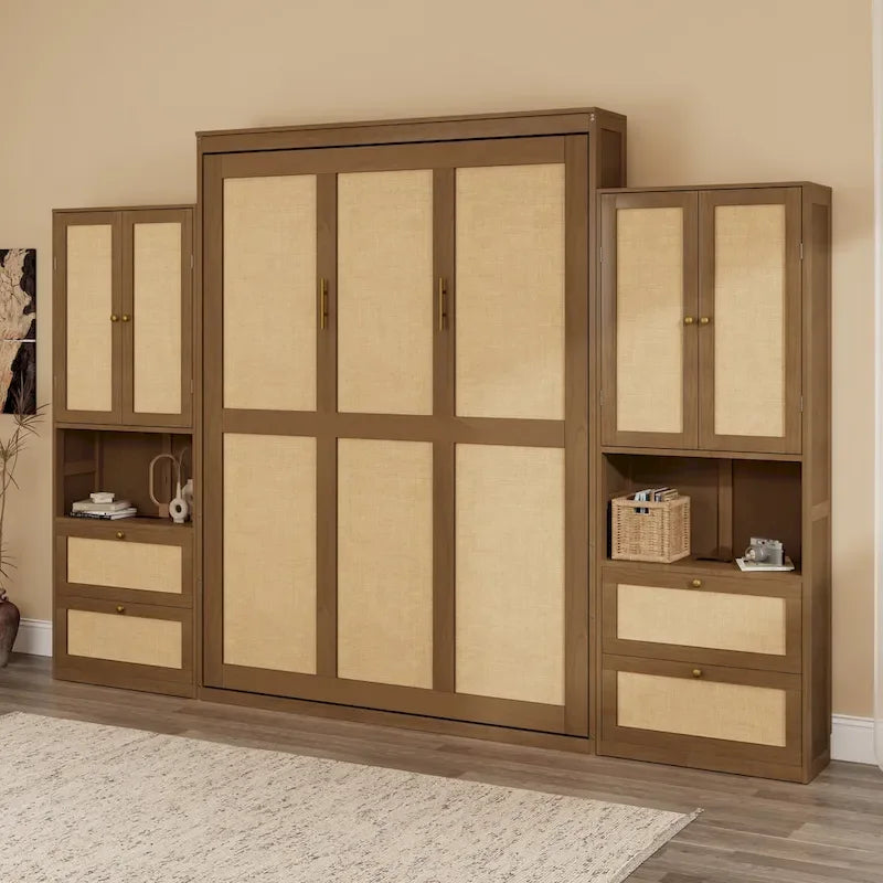 Lit escamotable grand format avec 2 armoires latérales, portes en rotin et tiroirs, noyer