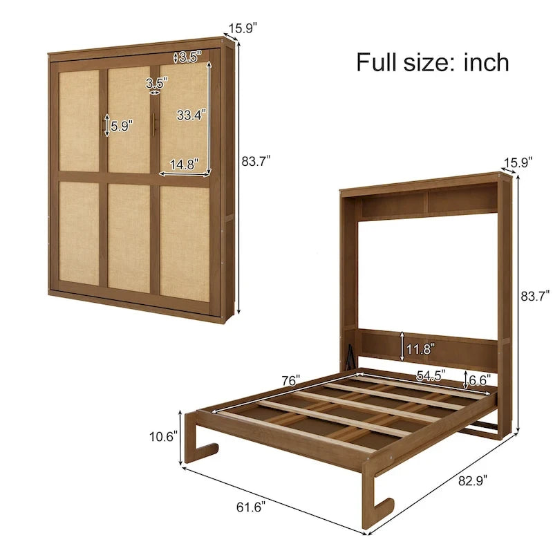 Lit escamotable grand format avec 2 armoires latérales, portes en rotin et tiroirs, noyer