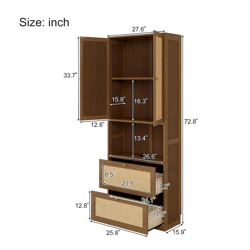 Lit escamotable grand format avec 2 armoires latérales, portes en rotin et tiroirs, noyer