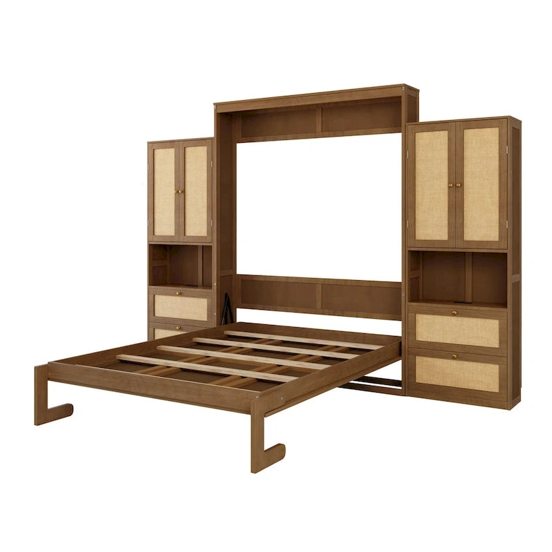 Lit escamotable grand format avec 2 armoires latérales, portes en rotin et tiroirs, noyer