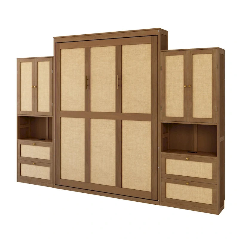 Lit escamotable grand format avec 2 armoires latérales, portes en rotin et tiroirs, noyer