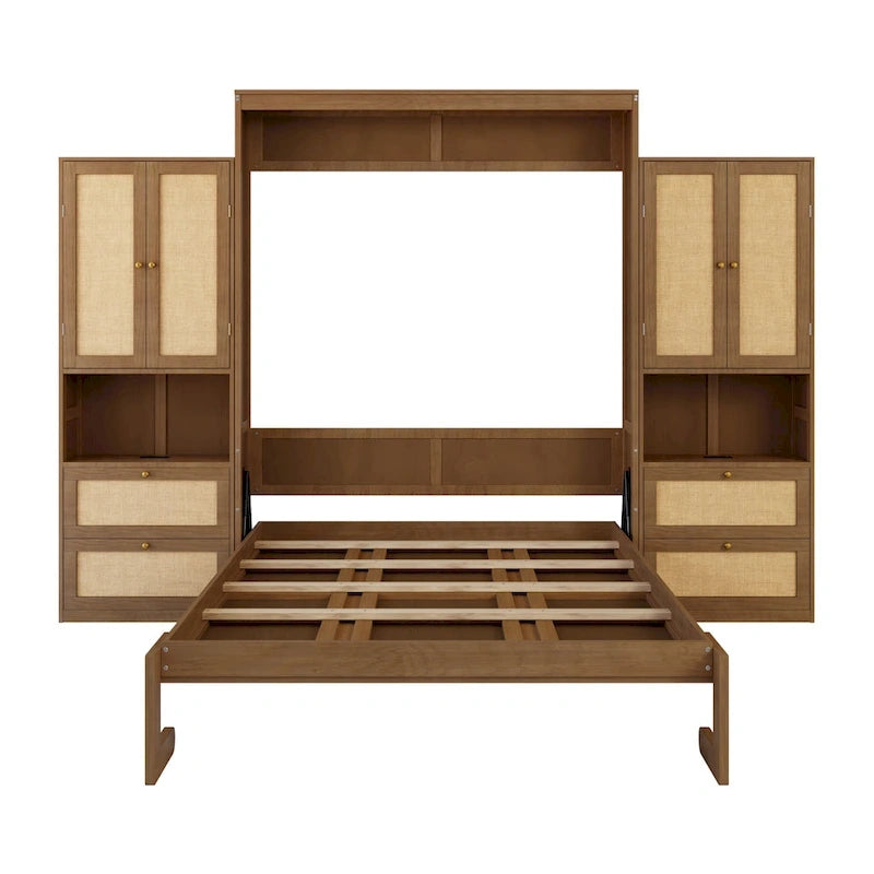 Lit escamotable grand format avec 2 armoires latérales, portes en rotin et tiroirs, noyer