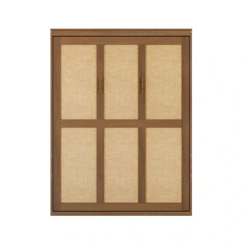Lit escamotable grand format avec 2 armoires latérales, portes en rotin et tiroirs, noyer