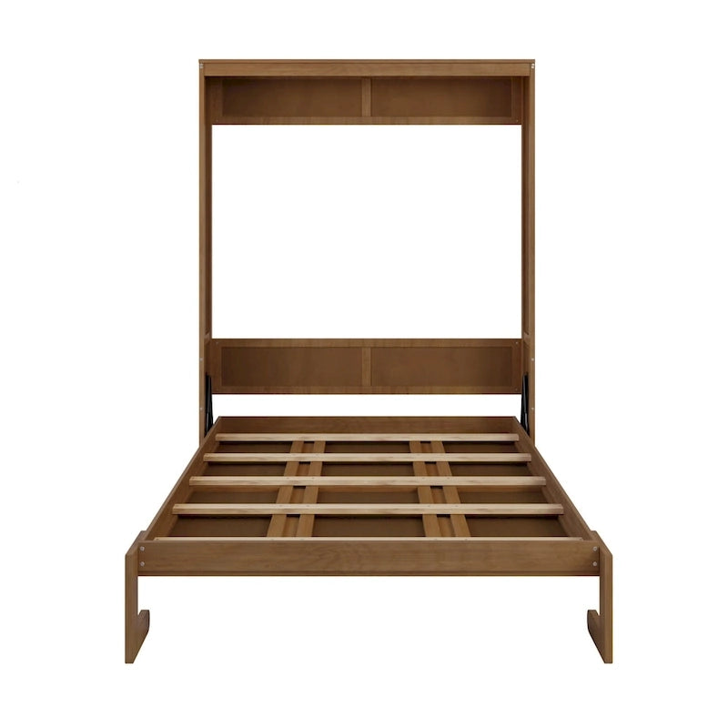Lit escamotable grand format avec 2 armoires latérales, portes en rotin et tiroirs, noyer