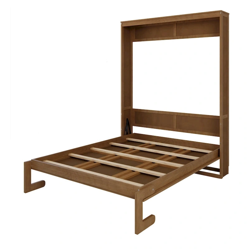 Lit escamotable grand format avec 2 armoires latérales, portes en rotin et tiroirs, noyer