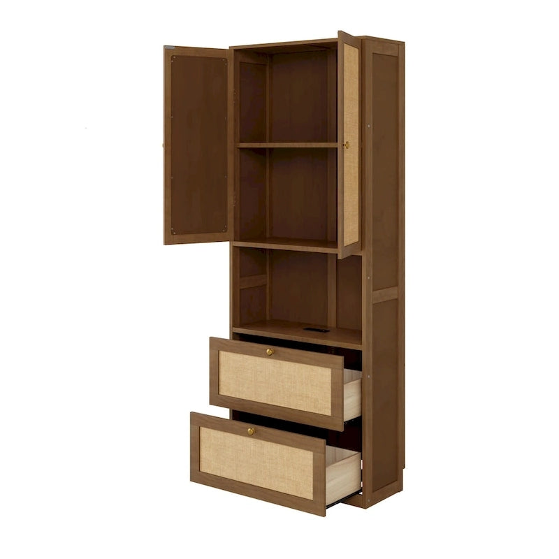 Lit escamotable grand format avec 2 armoires latérales, portes en rotin et tiroirs, noyer