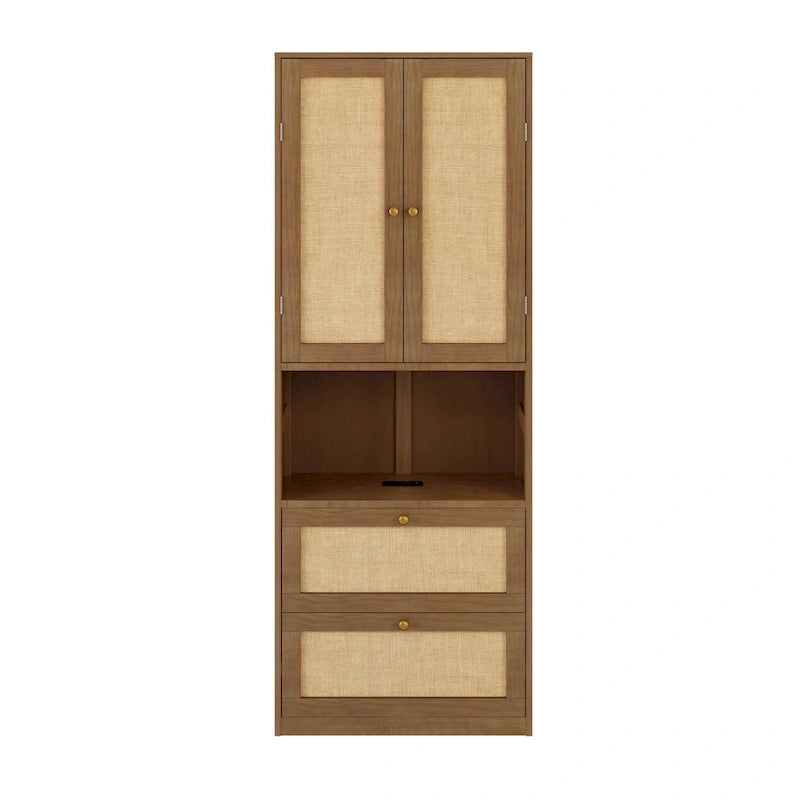 Lit escamotable grand format avec 2 armoires latérales, portes en rotin et tiroirs, noyer
