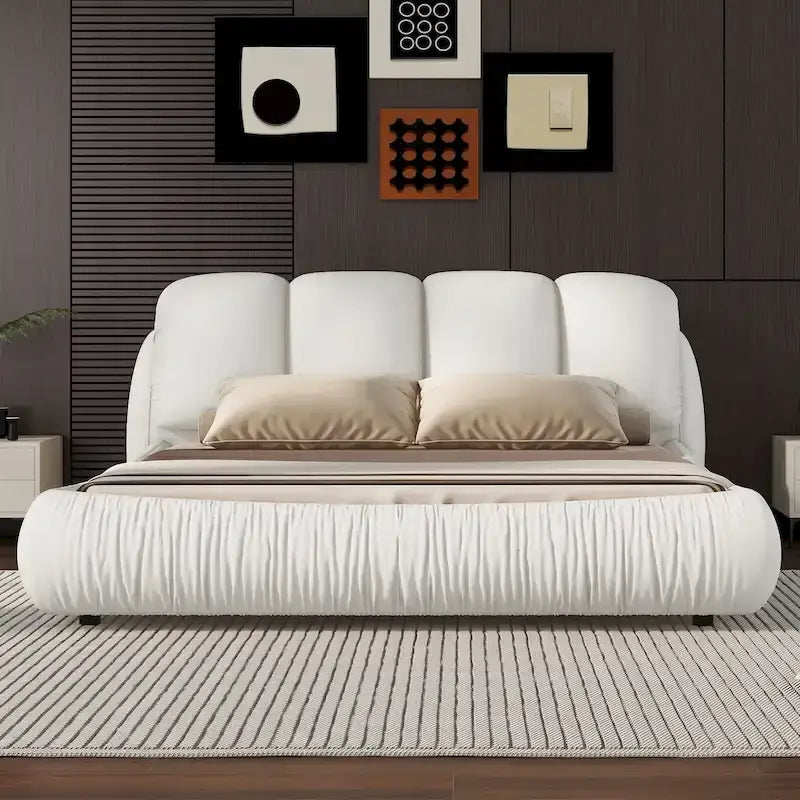 Tête de lit capitonnée moderne en similicuir blanc plissé pour lit Queen Size