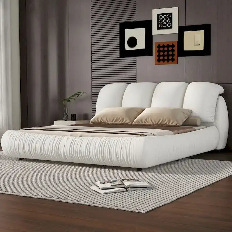 Tête de lit capitonnée moderne en similicuir blanc plissé pour lit Queen Size