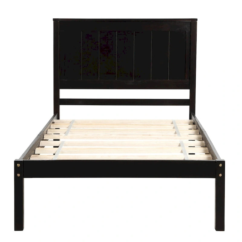 Cadre de lit plateforme double avec tête de lit à panneaux, lattes en bois, sans sommier tapissier, espresso