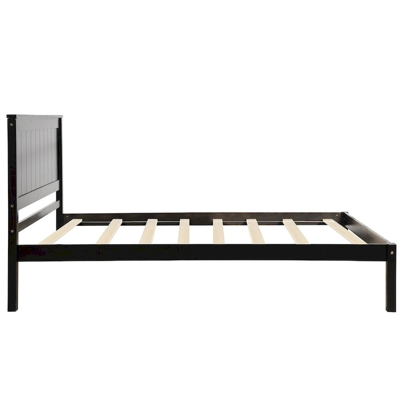 Cadre de lit plateforme double avec tête de lit à panneaux, lattes en bois, sans sommier tapissier, espresso