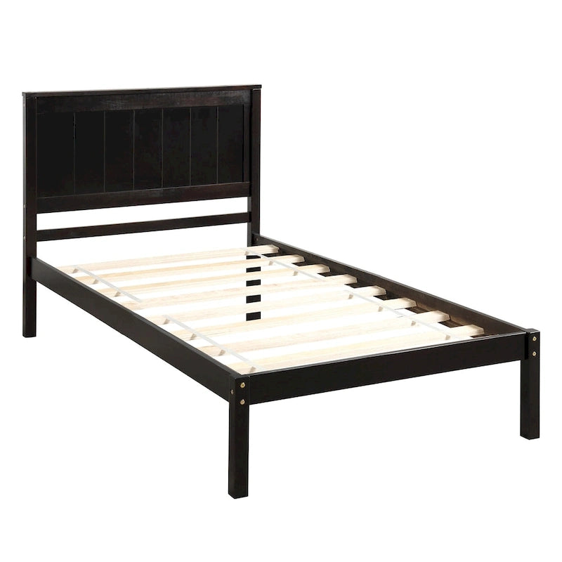 Cadre de lit plateforme double avec tête de lit à panneaux, lattes en bois, sans sommier tapissier, espresso