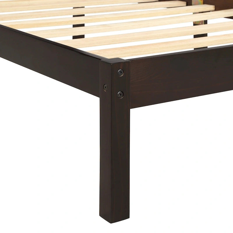 Cadre de lit plateforme double avec tête de lit à panneaux, lattes en bois, sans sommier tapissier, espresso