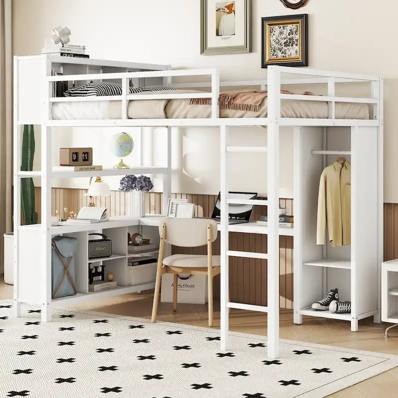 Lit mezzanine en métal pleine taille avec bureau en L, armoire et étagères de rangement, blanc cassé