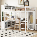 Lit mezzanine en métal pleine taille avec bureau en L, armoire et étagères de rangement, blanc cassé