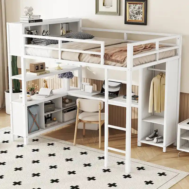 Lit mezzanine en métal pleine taille avec bureau en L, armoire et étagères de rangement, blanc cassé