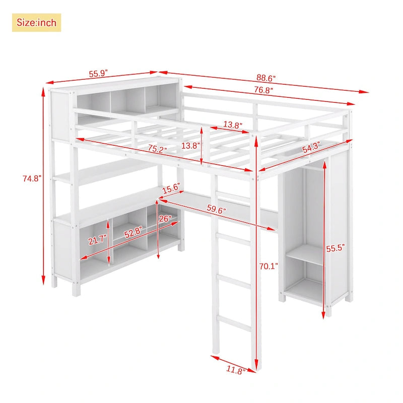 Lit mezzanine en métal pleine taille avec bureau en L, armoire et étagères de rangement, blanc cassé