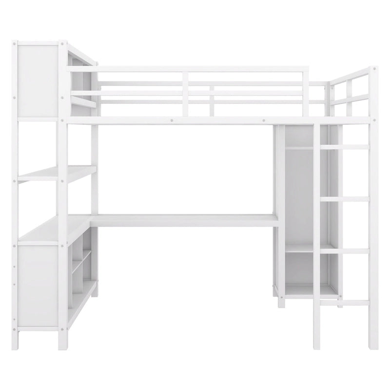 Lit mezzanine en métal pleine taille avec bureau en L, armoire et étagères de rangement, blanc cassé