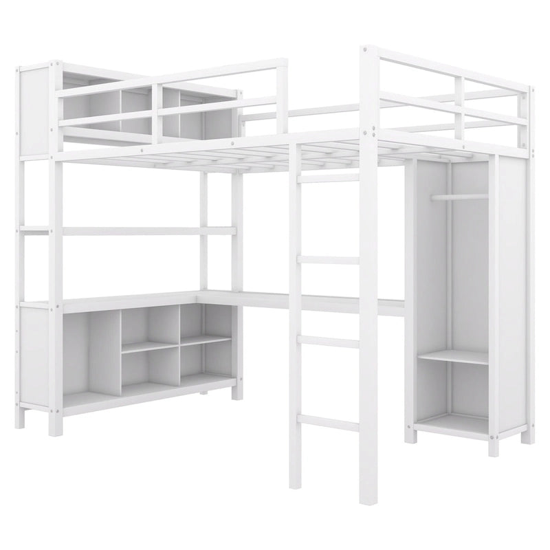 Lit mezzanine en métal pleine taille avec bureau en L, armoire et étagères de rangement, blanc cassé