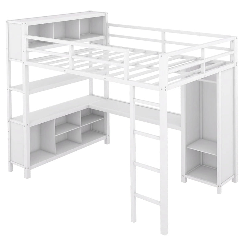 Lit mezzanine en métal pleine taille avec bureau en L, armoire et étagères de rangement, blanc cassé