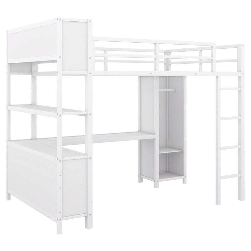 Lit mezzanine en métal pleine taille avec bureau en L, armoire et étagères de rangement, blanc cassé