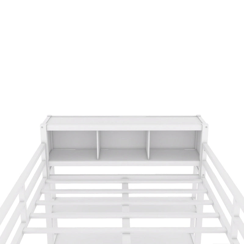 Lit mezzanine en métal pleine taille avec bureau en L, armoire et étagères de rangement, blanc cassé