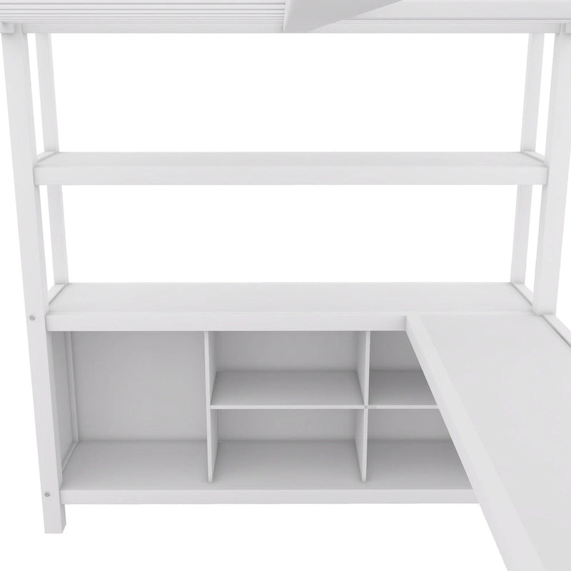 Lit mezzanine en métal pleine taille avec bureau en L, armoire et étagères de rangement, blanc cassé