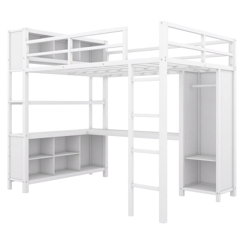Lit mezzanine en métal pleine taille avec bureau en L, armoire et étagères de rangement, blanc cassé